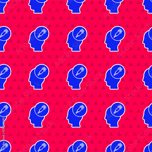 Blue Addiction to the drug icon isolated seamless pattern on red background. Heroin, narcotic, addiction, illegal. Sick junkie with a syringe and medical pills. Vector.