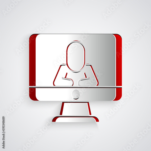 Paper cut Online psychological counseling distance icon isolated on grey background. Psychotherapy, psychological help, psychiatrist online consulting. Paper art style. Vector.