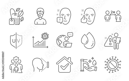 Face attention, Healthy face and Coronavirus statistics line icons set. Uv protection, Mint bag and Washing hands signs. Social distancing, Family insurance and Medical mask symbols. Vector