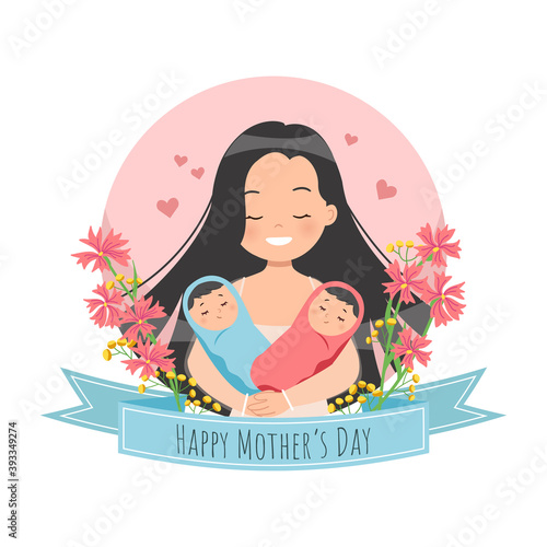 Happy Mother's day celebration. Mom holding twin babies. Flat vector illustration.