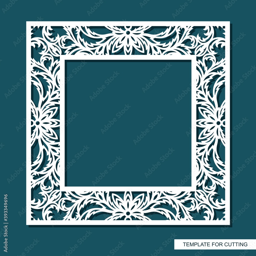 Square frame for photos, pictures, mirrors. Openwork lace pattern, oriental floral ornament of leaves, curls. Template for plotter laser cutting (cnc) of paper, cardboard, plywood, wood carving, metal