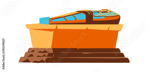 Ancient Egypt vector cartoon illustration. Egyptian culture symbol, golden or stone pharaoh sarcophagus with hieroglyphs, part of religious cult of dead, isolated on white background, side view