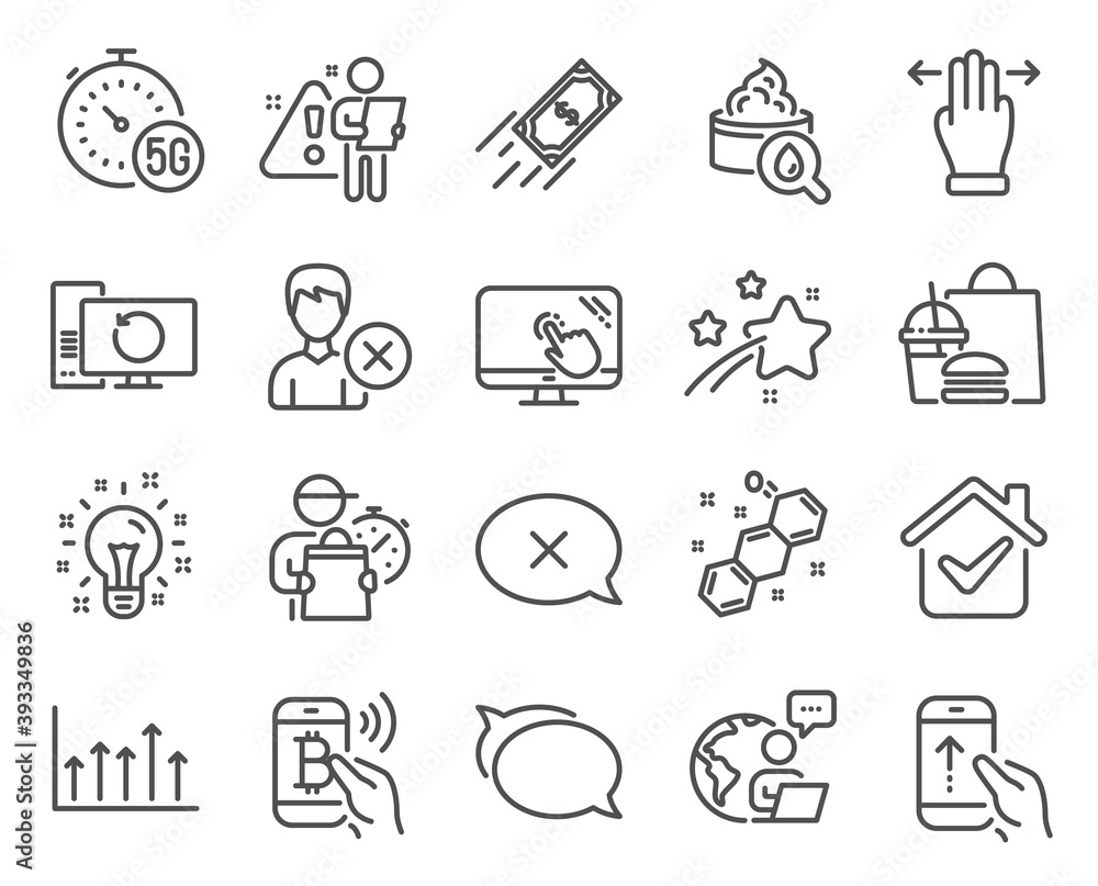 Business icons set. Included icon as Fast payment, Touch screen, Swipe up signs. Chemical formula, Recovery computer, Multitasking gesture symbols. Growth chart, Idea, Reject. Talk bubble. Vector