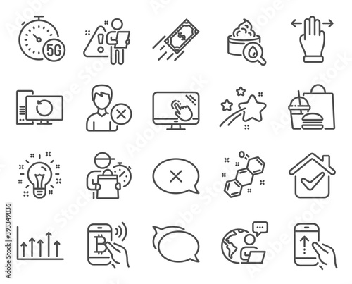 Business icons set. Included icon as Fast payment, Touch screen, Swipe up signs. Chemical formula, Recovery computer, Multitasking gesture symbols. Growth chart, Idea, Reject. Talk bubble. Vector