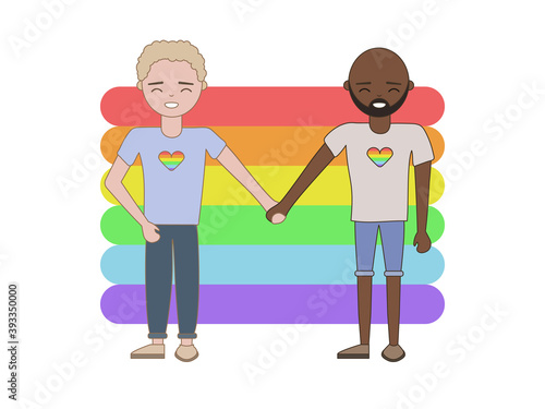 Two lovers and happy guys on a rainbow background. The LGBT theme. Illustration in jpeg format.