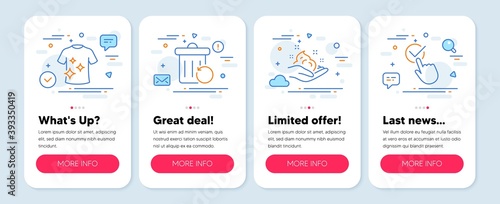 Set of line icons, such as Clean t-shirt, Skin care, Recovery trash symbols. Mobile screen app banners. Checkbox line icons. Laundry shirt, Hand cream, Backup file. Approved. Vector