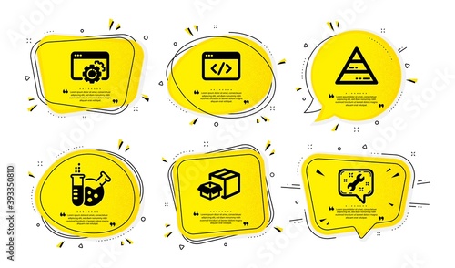 Packing boxes, Chemistry lab and Seo gear icons simple set. Yellow speech bubbles with dotwork effect. Seo script, Pyramid chart and Spanner signs. Delivery box, Laboratory, Settings. Vector