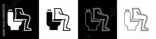 Set Men sitting on the toilet and Constipation are experiencing severe abdominal pain icon isolated on black and white background. Vector.