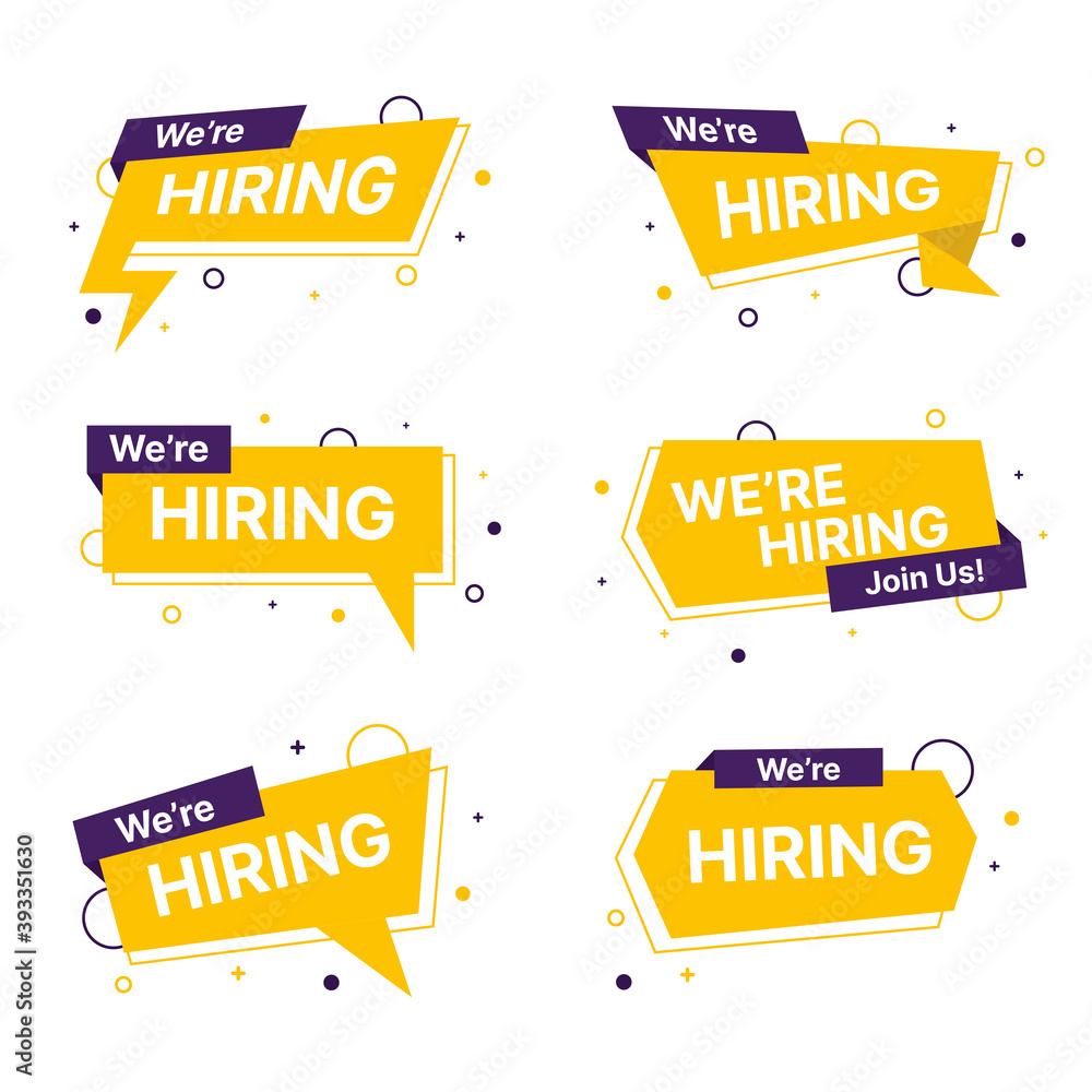 We are hiring banner template vector, Hr recruiting hire, vacancy job offer isolated vector signs set, join our team, join us banner. We are hiring banner template vector, Hr recruiting hire, vacancy job offer isolated vector signs set, join our team, join us banner.
