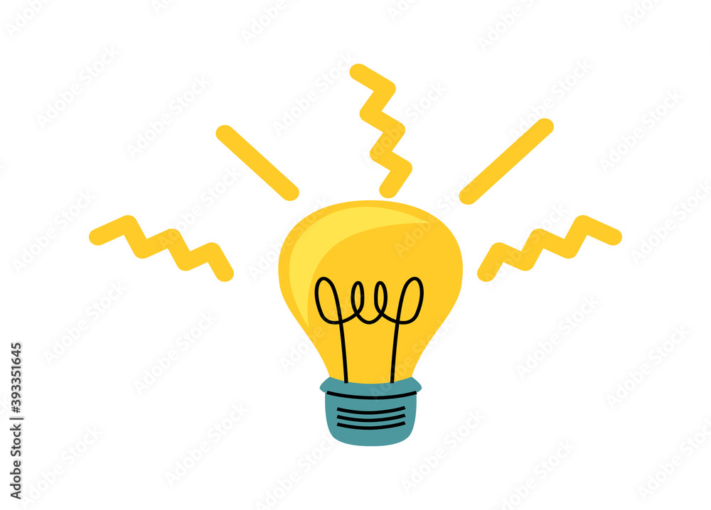 Light bulb with yellow glowing rays, cartoon vector illustration, idea symbol Light bulb with yellow glowing rays, cartoon vector illustration, idea symbol