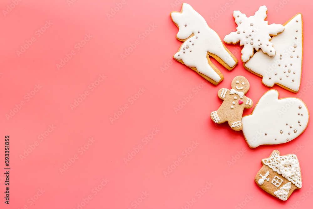 Flat lay of icing gingerbread cookies, top view Flat lay of icing gingerbread cookies, top view