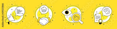 Horizontal chart, Sunny weather and Cloud storage line icons set. Megaphone, licence and deal vector icons. Time management sign. Presentation graph, Summer, Data service. Teamwork clock. Vector