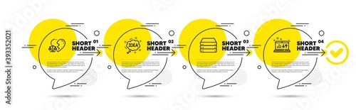 Servers, Divorce lawyer and Idea line icons set. Timeline infograph speech bubbles. Sound check sign. Big data, Broken heart, Creative message. Dj controller. Business set. Vector