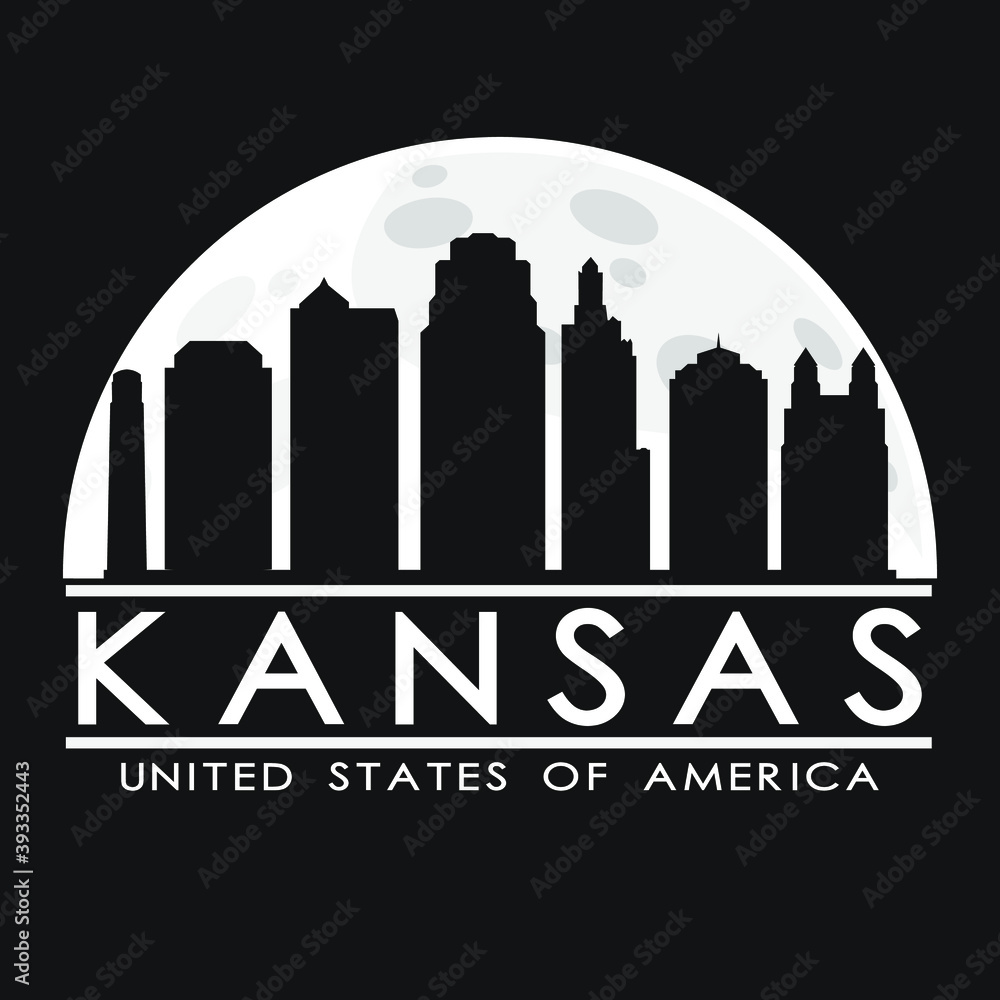 Kansas Missouri Full Moon Night Skyline Silhouette Design City Vector Art.