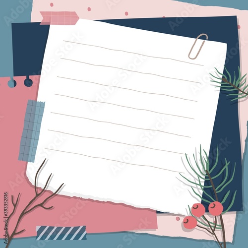 Scrapbook composition with notes paper, tapes, flowers elements and photo frame. Page for stories in winter style