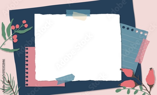 Scrapbook composition with notes paper, tapes, flowers elements and photo frame. Page for stories in winter style