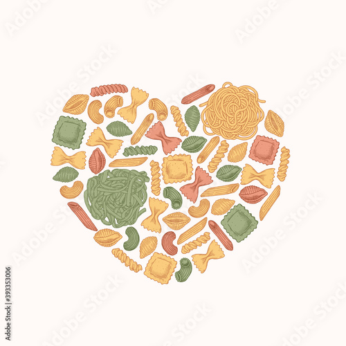 Variety of italian pasta heart shape. Different kind of pasta. Engraved style illustration. Vector illustration