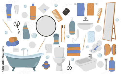 Personal hygiene supplies. Vector set of toiletries hygienic products and bathroom accessories.