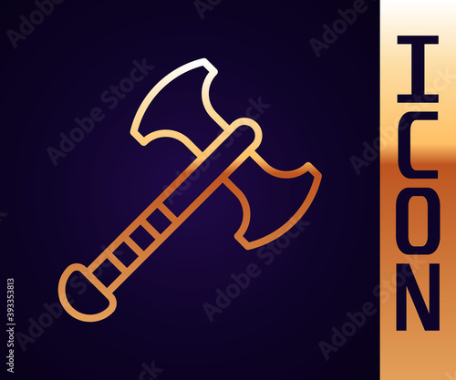 Gold line War axe icon isolated on black background. Battle axe, executioner axe. Medieval weapon. Vector.