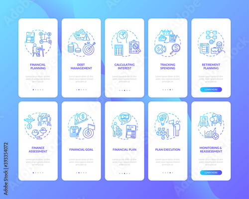 Financial literacy onboarding mobile app page screen with concepts set. Money making plan. Better life walkthrough 5 steps graphic instructions. UI vector template with RGB color illustrations