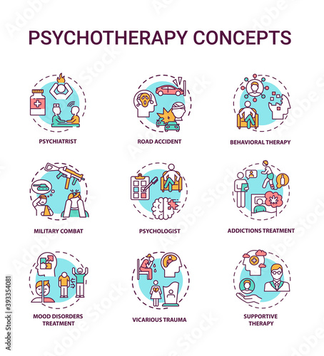 Psychotherapy concept icons set. Mental health treatment idea thin line RGB color illustrations. Psychiatrist. Road accident. Behavioral therapy. Vector isolated outline drawings. Editable stroke © bsd studio