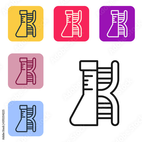 Black line DNA research, search icon isolated on white background. Genetic engineering, genetics testing, cloning, paternity testing. Set icons in color square buttons. Vector.