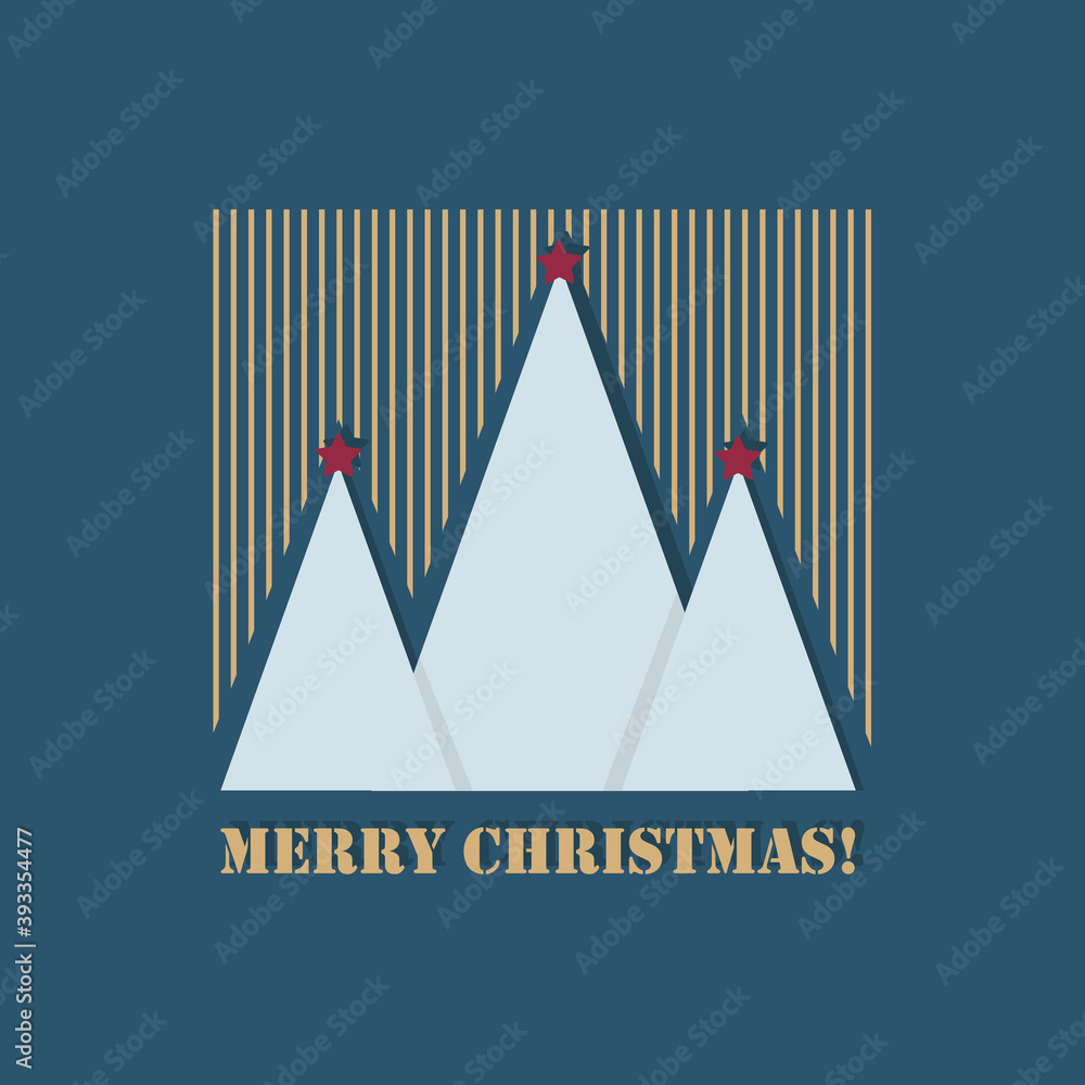 Merry Christmas! Christmas trees and stars, postcard, banner in a minimalistic, flat style. Vector illustration.
