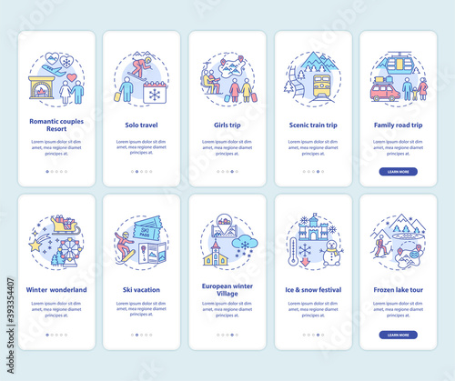 Winter vacation ideas and places onboarding mobile app page screen with concepts set. Family, solo travel walkthrough 5 steps graphic instructions. UI vector template with RGB color illustrations