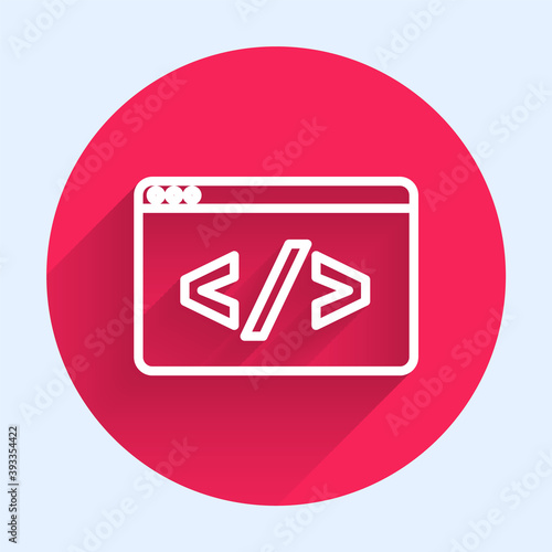 White line Web design and front end development icon isolated with long shadow. Red circle button. Vector.