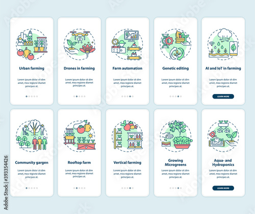 Farm production onboarding mobile app page screen with concepts set. Urban farming. Community gargen walkthrough 10 steps graphic instructions. UI vector template with RGB color illustrations
