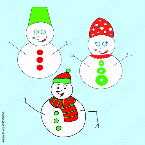 three funny drawn snowmen: mom, dad and son