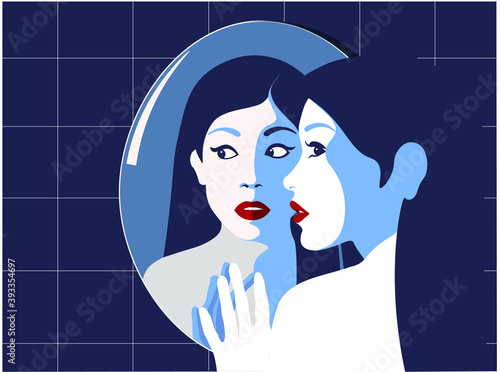 Vector portrait of a woman and her scared / surprised face reflexion in mirror. Reflexion concept. Flat design vector illustration. Minimal style.  