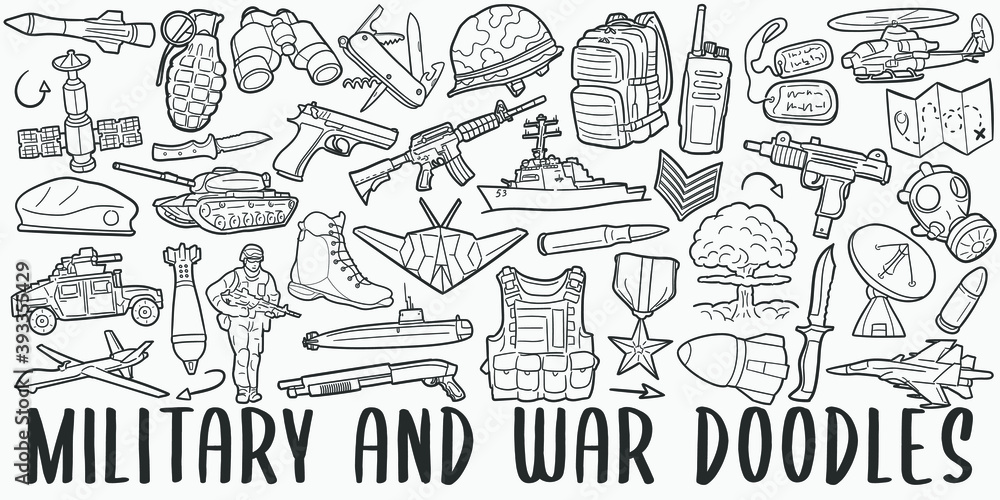 Military Soldier doodle icon set. War Style Vector illustration collection. Banner Hand drawn Line art style.