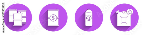Set Barrel oil, Barrel oil with dollar, Canister for motor machine oil and Eco fuel canister icon with long shadow. Vector.