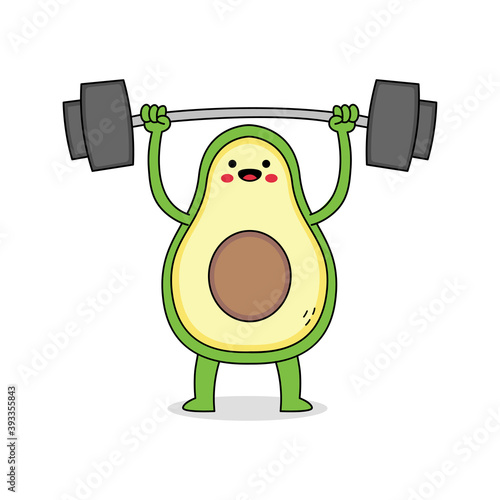Cute avocado cartoon character weight lifting