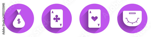Set Money bag, Playing card with clubs, Playing card with heart and Poker table icon with long shadow. Vector.