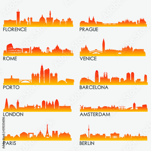European Touristic Skyline City Silhouette Design Collection. Vector Illustration Set Clip Art.