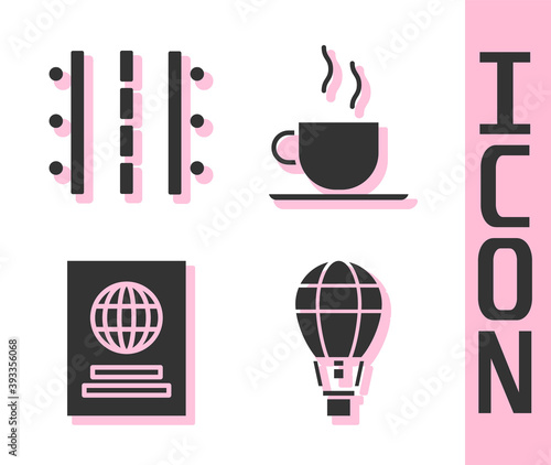 Set Hot air balloon, Airport runway, Passport and Coffee cup icon. Vector.