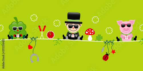 Banner Sitzendes Kleeblatt Schornsteinfeger Und Schwein Mit Sonnenbrille Icons Grün