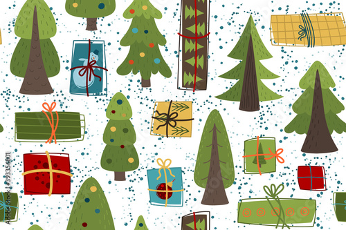 Seamless Christmas pattern with Christmas tree and gifts. Winter Vector background for fabric, textile, wallpaper, posters, gift wrapping and paper, napkins. Print for kids