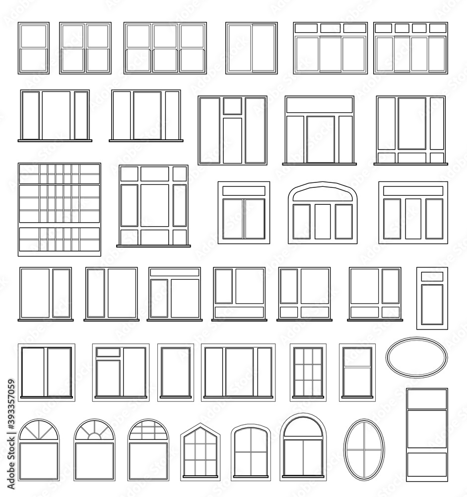 Set of window elements for the design of architectural and construction drawings. Illustration in black color isolated on white background. Set of window elements for the design of architectural and construction drawings. Illustration in black color isolated on white background.