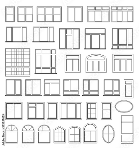 Set of window elements for the design of architectural and construction drawings. Illustration in black color isolated on white background.