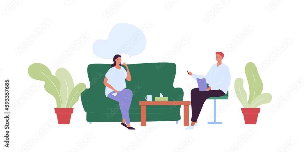 Mental health care concept. Vector flat people character illustration. Woman patient sitting on sofa and man psychologist meeting in psychotherapy office room. Psychological therapy and psychiatry.