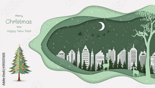 Merry Christmas and Happy new year greeting card,winter background with Santa Claus coming to white city
