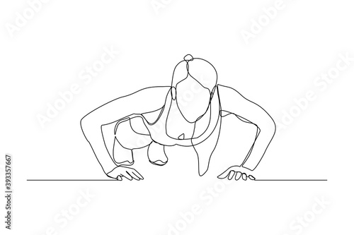 Continuous line drawing of sporty woman training push up work out. One line art concept of gym fitness and healthy life style. Vector illustration