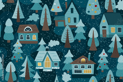 Seamless Christmas pattern.  Winter Vector background of different trees and village houses for fabric, textile, wallpaper, posters, gift wrapping and paper, napkins. Print for kids