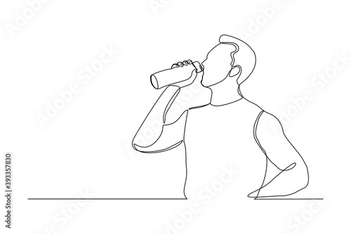 Continuous line drawing of sporty man drink energy water from bottle. One line art concept of healthy life style. Vector illustration