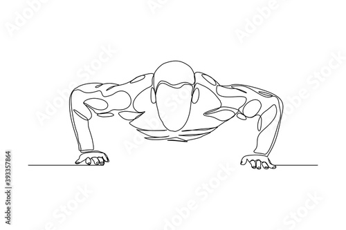 Continuous line drawing of sporty man training push up work out. One line art concept of gym fitness and healthy life style. Vector illustration