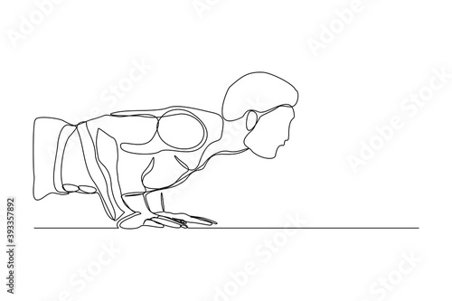 Continuous line drawing of sporty man training push up work out. One line art concept of gym fitness and healthy life style. Vector illustration
