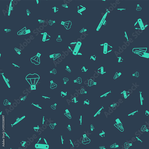 Set Swiss army knife, Submarine, Box flying on parachute and Cocktail molotov on seamless pattern. Vector.